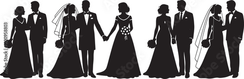 Wedding couple silhouettes bride groom holding hands, wedding, couple, bride, groom, silhouette, marriage, love, romance, holding hands, celebration, ceremony, tuxedo, wedding dress, veil, bouquet, fo