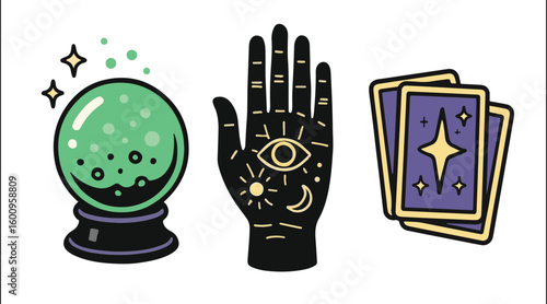Fortune-Telling Objects Vector – Crystal Ball, Palmistry Hand, and Tarot Cards Illustration

