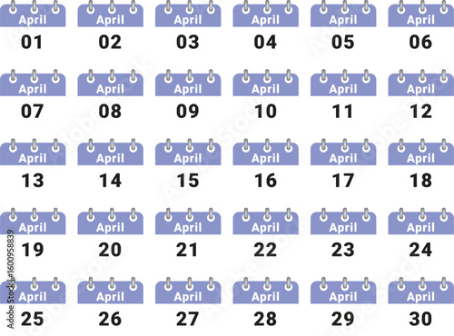 Grid of 31 days of April, calendar pages showing days of the month