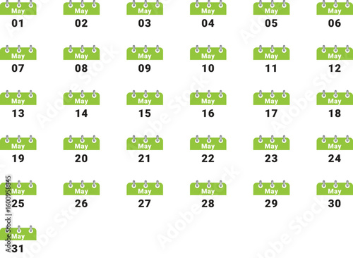 Grid of 31 days of May, calendar pages showing days of the month