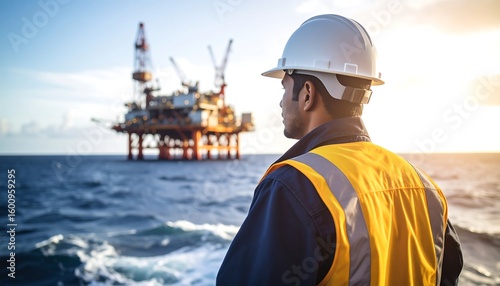 Oil rig worker looking out to sea