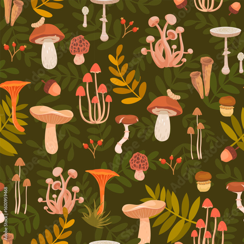 Seamless botanical pattern with various mushrooms, leaves, berries on a dark green background. Perfect for scrapbooking, textiles, wrapping, cover, bedding, tablecloth, wallpaper