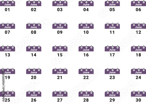 Grid of 31 days of June, calendar pages showing days of the month