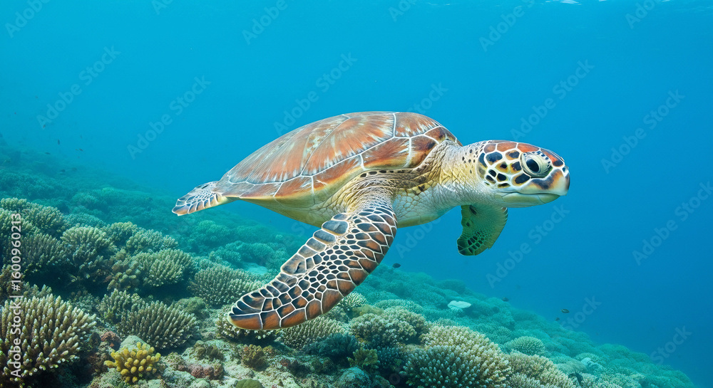 Obraz premium A majestic green sea turtle swims gracefully in the clear blue ocean above a colorful coral reef. A beautiful portrait of marine wildlife.