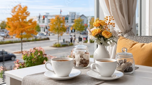 Wallpaper Mural Warm atmosphere of a cafe with two cups and flowers by a window, offering a lovely view of the street and vibrant trees. Torontodigital.ca