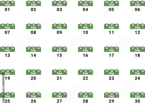 Grid of 31 days of September, calendar pages showing days of the month