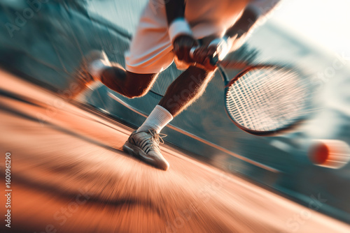 Retro photo of tennis player in action with motion effect on court
