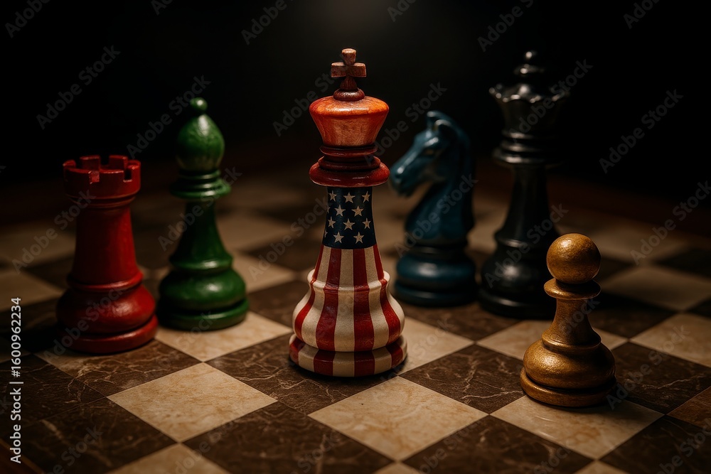 Naklejka premium Chess pieces on a board with a central king featuring the American flag, surrounded by various colored pieces in a dimly lit setting.