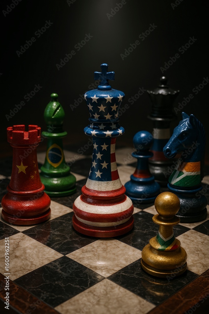 Naklejka premium Chess pieces painted with various national flags, prominently featuring a king with an American flag design at the center on a checkered board.