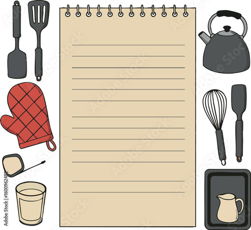 Kitchen utensils and blank notepad for cooking recipe notes vector illustration