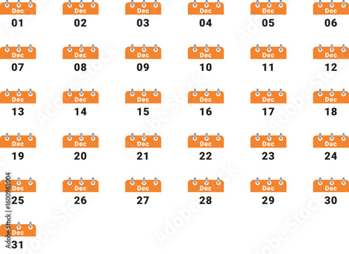 Grid of 31 days of December, calendar pages showing days of the month