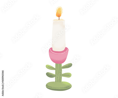 Creative candle design with a pink tulip-shaped base and green leaves, white taper candle on top with a burning flame