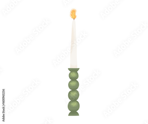 Elegant white taper candle with a stacked green ball holder, hand-drawn illustration on white background