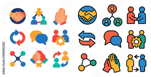 Collection of colorful icons that represent collaboration and teamwork. The icons include people shaking hands, hands clapping, and people holding hands. Scene is positive and cooperative