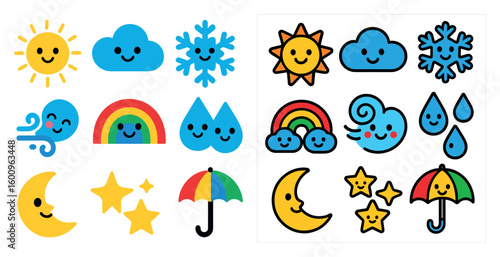 Collection of smiling faces with various weather-related symbols, such as raindrops, clouds, and umbrellas. Scene is cheerful and lighthearted, as the faces