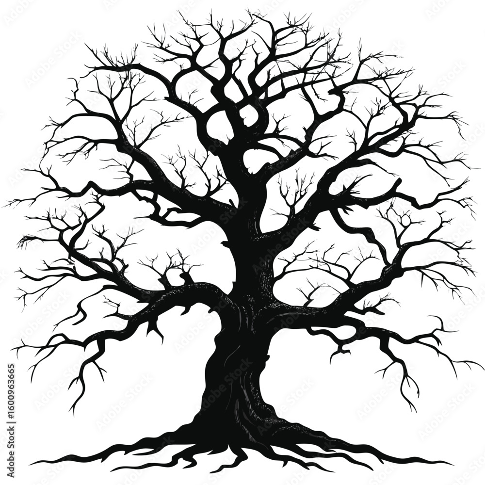 Fototapeta premium leafless dead tree stands against a clear sky, showcasing its twisted branches..eps