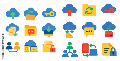 Collection of icons for cloud storage and file sharing. The icons include a key, a file, a person, and a phone. Scene is one of productivity and organization