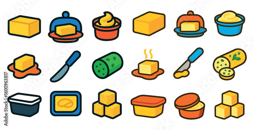 Collection of butter icons, including a knife, a spoon, and a butter dish. The icons are arranged in a grid, with some overlapping and others standing alone. Scene is playful and whimsical