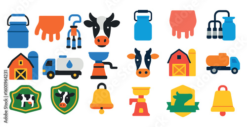Collection of farm-related icons, including a cow, a bell, a truck, and a barn. These icons represent the various aspects of farming and agriculture, such as livestock, machinery, and buildings