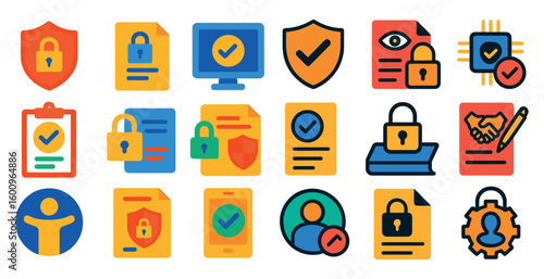 Collection of security icons including a padlock, a key, and a handshake. The icons are arranged in a row and are all yellow
