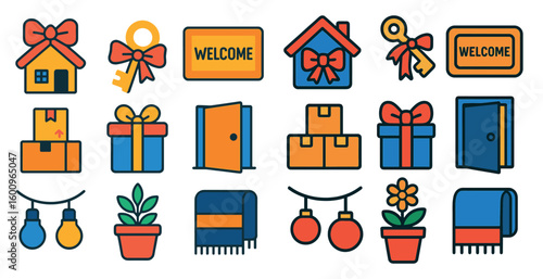 Set of icons for a housewarming party. The icons include a house, a key, a door, a box, a plant, a scarf, a potted plant, a vase, a clock, a box, a box