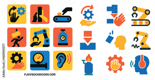 Collection of industrial icons, including a person holding a wrench, a person holding a box, and a person holding a machine