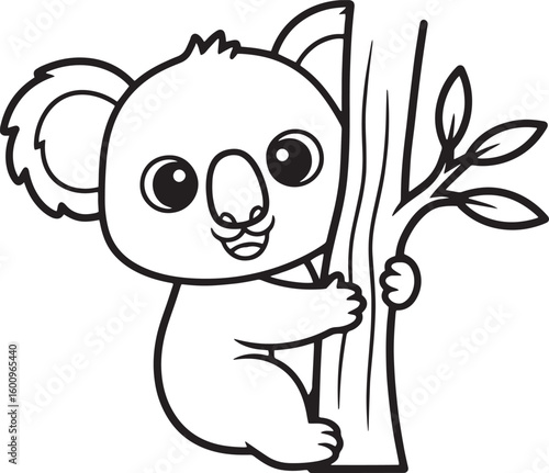 Cute koala clinging to a tree trunk, outlined in black and white.