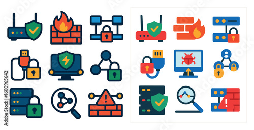 Collection of icons for computer security. The icons include a fire, a lock, a magnifying glass, and a computer monitor. Scene is serious and focused on the importance of computer security