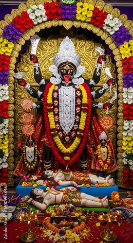 Kali puja festival image: hindu goddess kali idol with flowers and offerings for worship