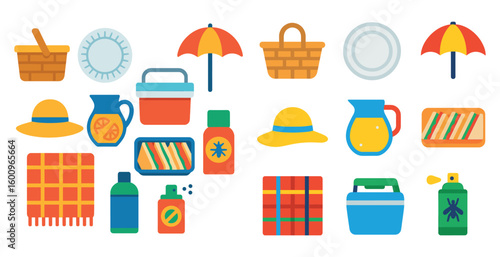 Collection of items that are related to picnics and outdoor activities. The items include a basket, a plate, a cup, a bottle, a bowl, a spoon, a fork, a knife, a hat, an umbrella