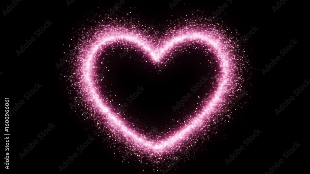 A glowing, pink heart made of particles against a black background. The particles are dense, creating a bright outline