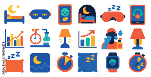 Collection of sleep-related icons, including a clock, a bed, a pillow, and a nightstand