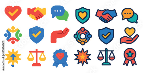 Collection of icons that include a heart, a handshake, a shield, a check mark, a hand giving a thumbs up, a hand giving a thumbs down, a hand giving a peace sign, a hand giving a high five, a hand g