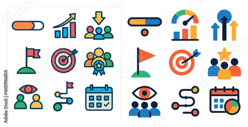 Collection of icons for a calendar, goal setting, and other productivity tools. The icons are colorful and feature people and objects related to the tools