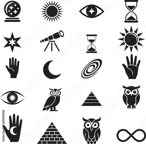 Crystal ball sun eye hourglass star telescope moon galaxy owl pyramid infinity