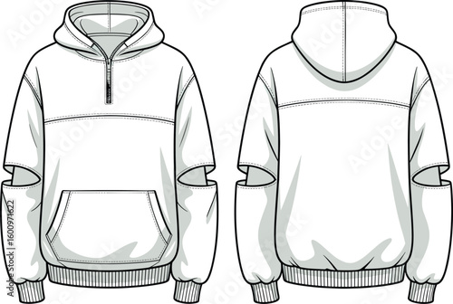 Half-zip hoodie fashion sketch, stylish sleeve cutout design, front and back view, apparel illustration, modern casual wear template, vector layout