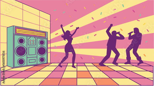 Groovy retro party scene with people dancing and singing, vintage vector style