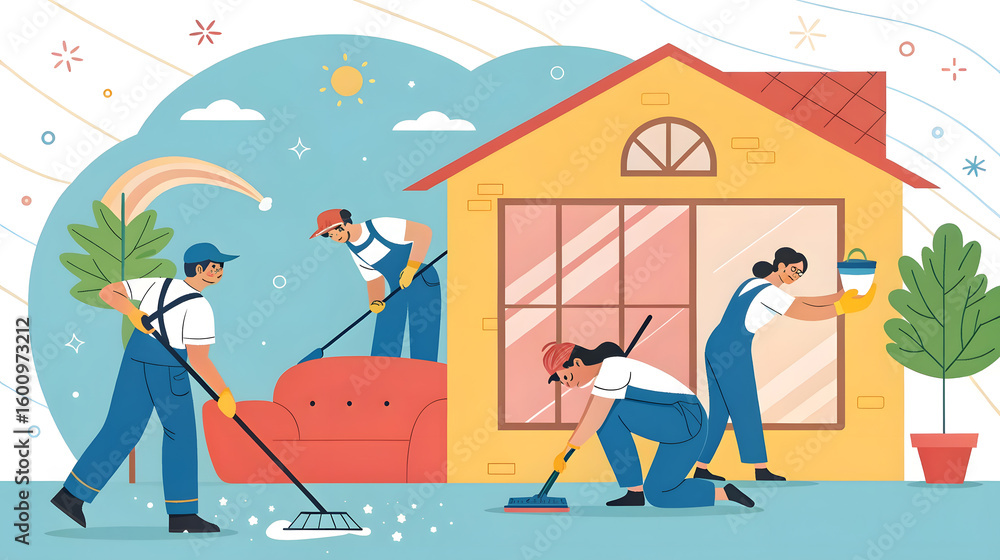 Fototapeta premium Professional cleaning crew working together to clean a house and its surroundings