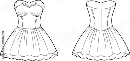Elegant strapless dresses fashion sketch vector illustration, sweetheart neckline evening wear design, stylish party outfit formal apparel CAD drawing
