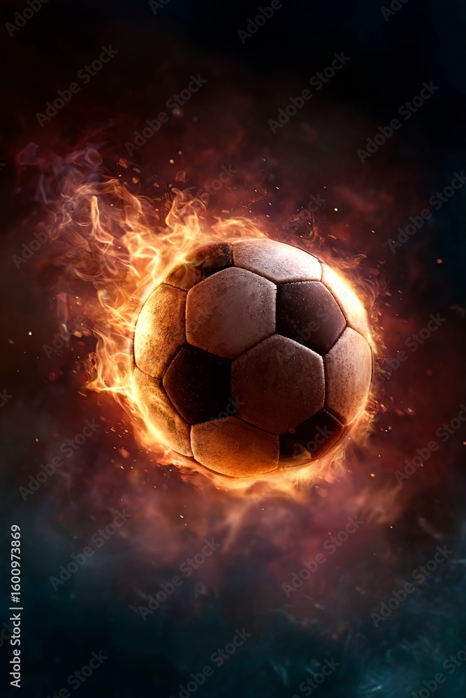 Fototapeta premium Fiery Soccer Ball with Energy Burst on Dark Background