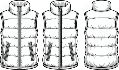 Three-view puffer vest sketch, insulated winter outerwear template, stylish front, side, back illustration, cozy fashion concept, modern design reference