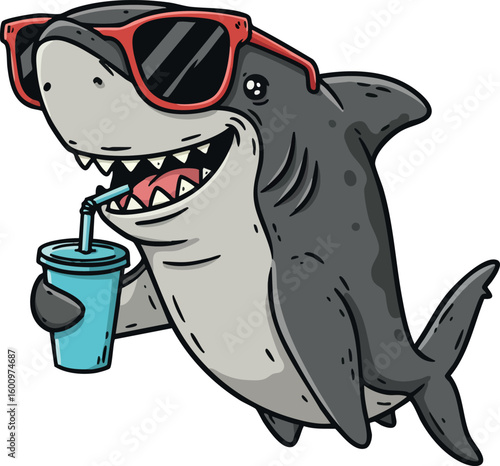 Shark with red sunglasses drinking from cup cool summer ocean animal vector illustration