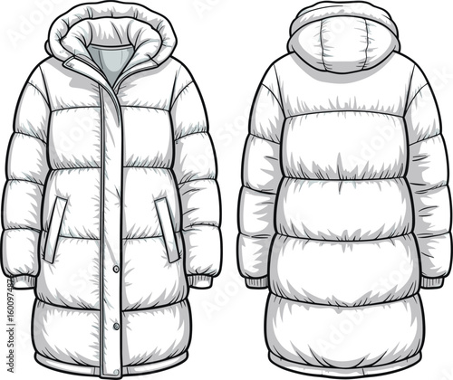 White puffer jacket illustration, insulated winter fashion sketch, stylish front and back view, cozy outerwear design, modern clothing template, apparel concept