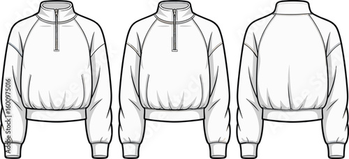 White half-zip pullover fashion illustration, stylish front and back view, cozy garment design, casual clothing template, modern apparel sketch, hoodie