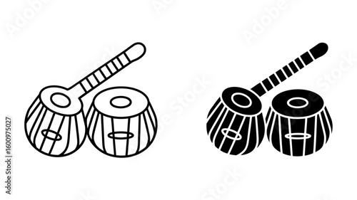 Vector art of a Tabla Drums: Line Art and Solid Icon Set, Indian Classical Music, Rhythmic Percussion Instruments