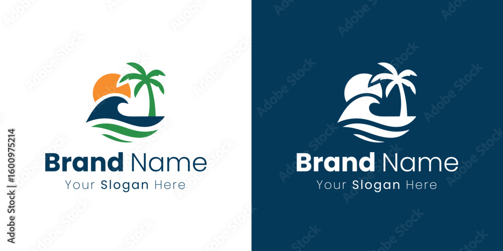 Fototapeta premium Tropical Beach Paradise Sunset Palm Tree Wave Ocean Island Holiday Vacation Adventure Logo