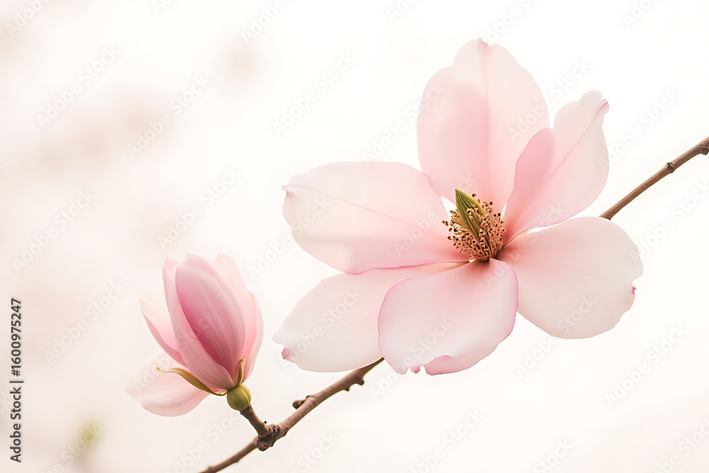 Fototapeta premium A pink flower is on a branch. The flower is very pretty and has a nice color. The branch is thin and the flower is on the end of it
