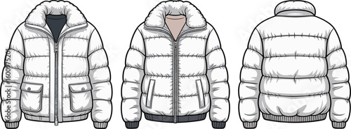 White puffer jacket sketch, insulated fashion outerwear design, front and back views, cozy winter clothing, stylish template, trendy cold weather illustration