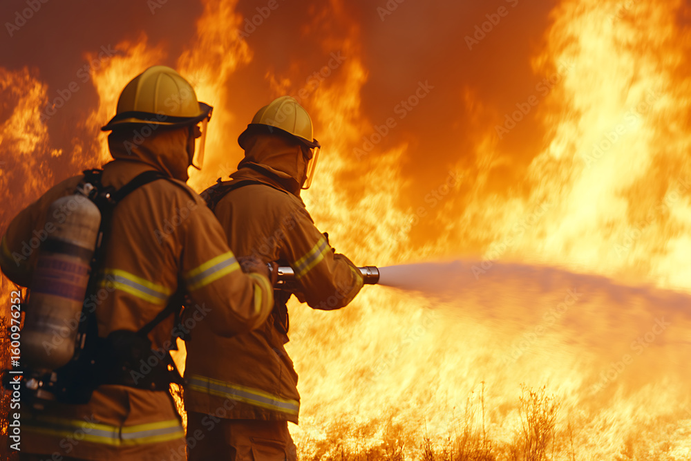 Naklejka premium Firefighters combat a raging blaze, wearing protective gear and helmets. One aims a hose at the flames, battling the fire in a heroic display of courage.