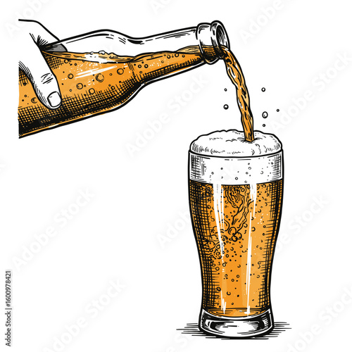 Sketch of beer pouring from a glass bottle into a glass mug – hand-drawn woodcut style on white background
